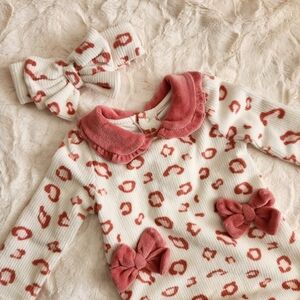 Baby Starters Warm Fleece Onepiece with Headband, Leopard Print, 9M